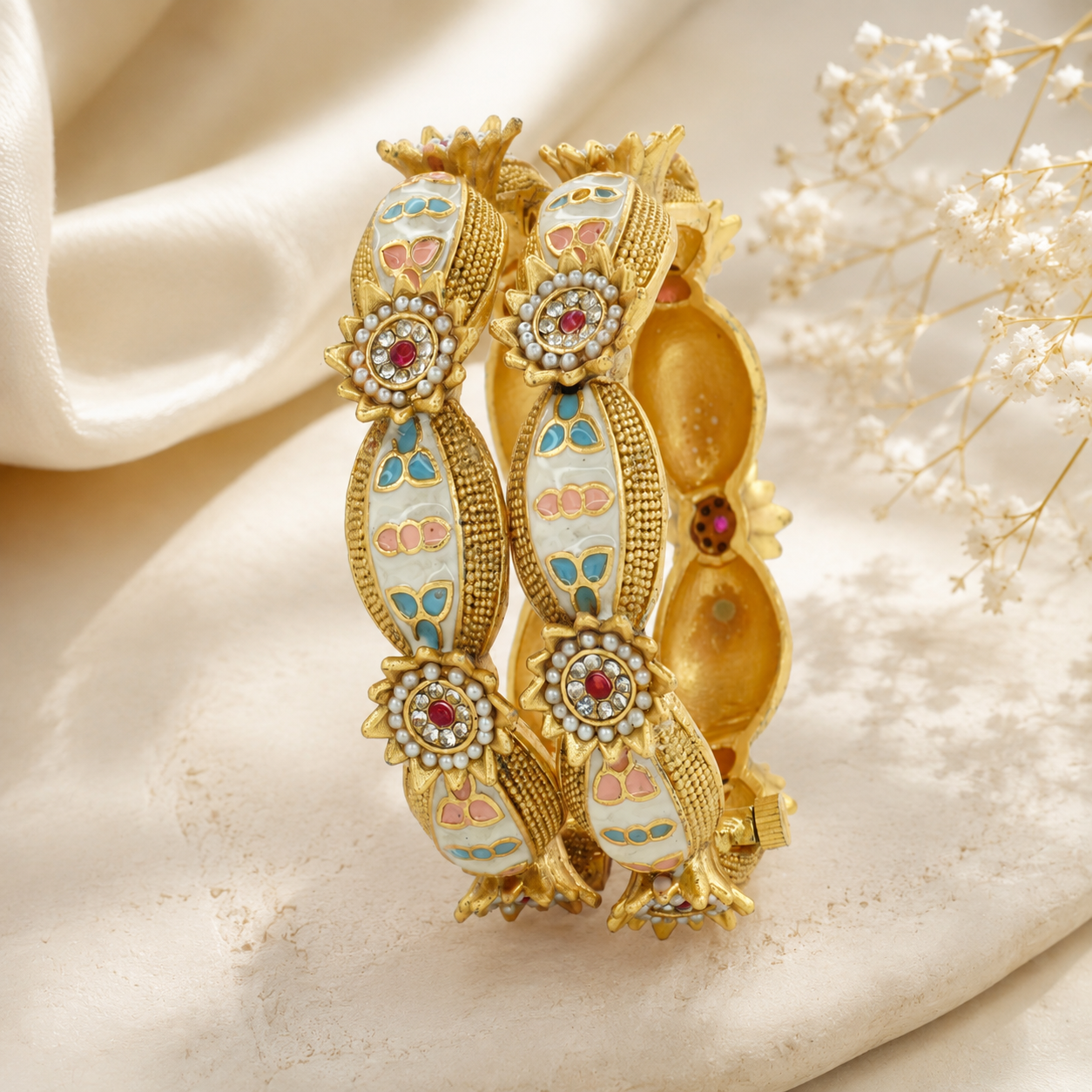 Premium Gold Plated Meenakari Kangan Bangles Pair for Women Traditional Wedding Bridal Party Wear