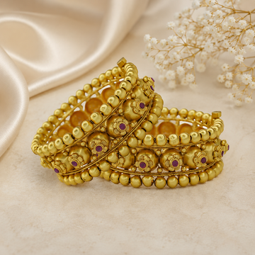 Designer Antique Gold Plated Temple Kangan Bangles Pair with Ruby Floral Motif for Women Traditional Bridal Wedding Party Wear