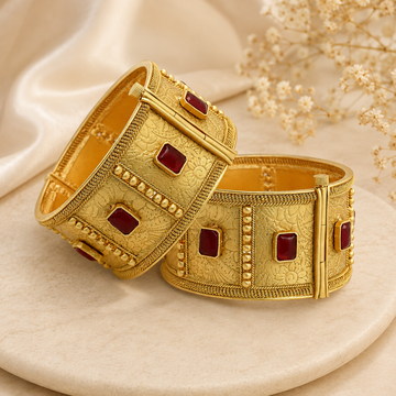 Gold Plated Antique Ruby Stone Broad Kangan Bangles Pair for Women Bridal Wedding Ethnic Wear