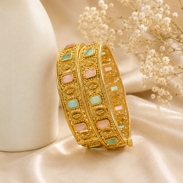 Handcrafted Indian Antique Gold Filigree Hinged Bangle Pair with Pastel Stone Inlay Ethnic Jewelry Gift for Women