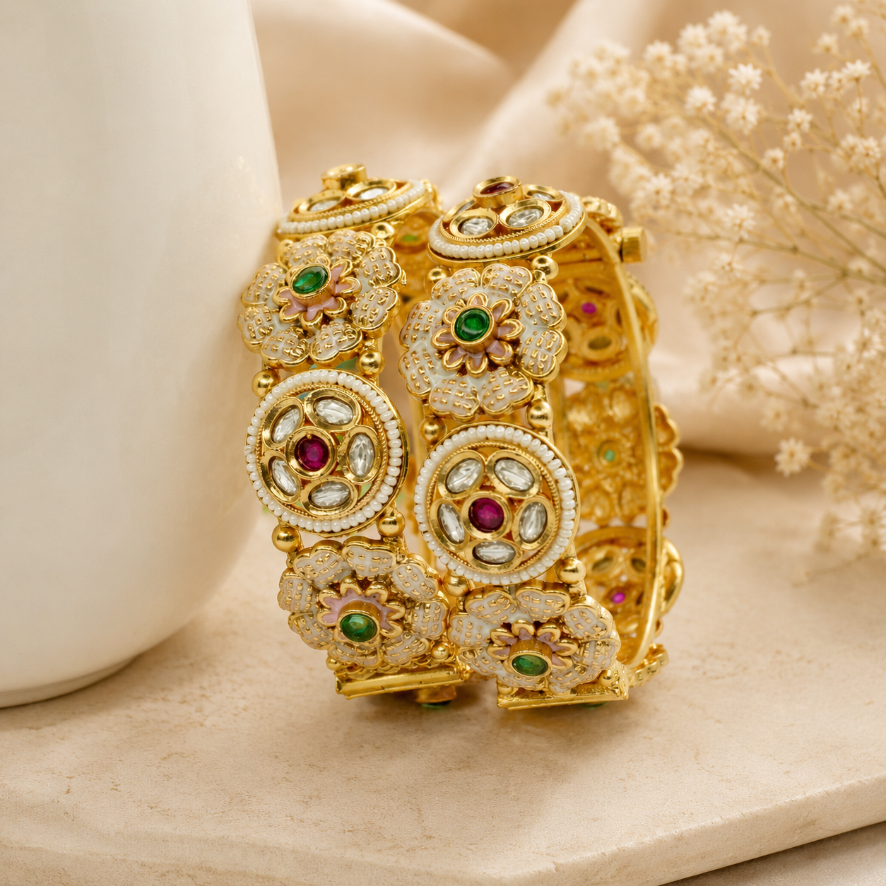 Luxury Designer Gold Kundan Meenakari Bangles Pair Elegant Floral Wedding Jewellery for Women