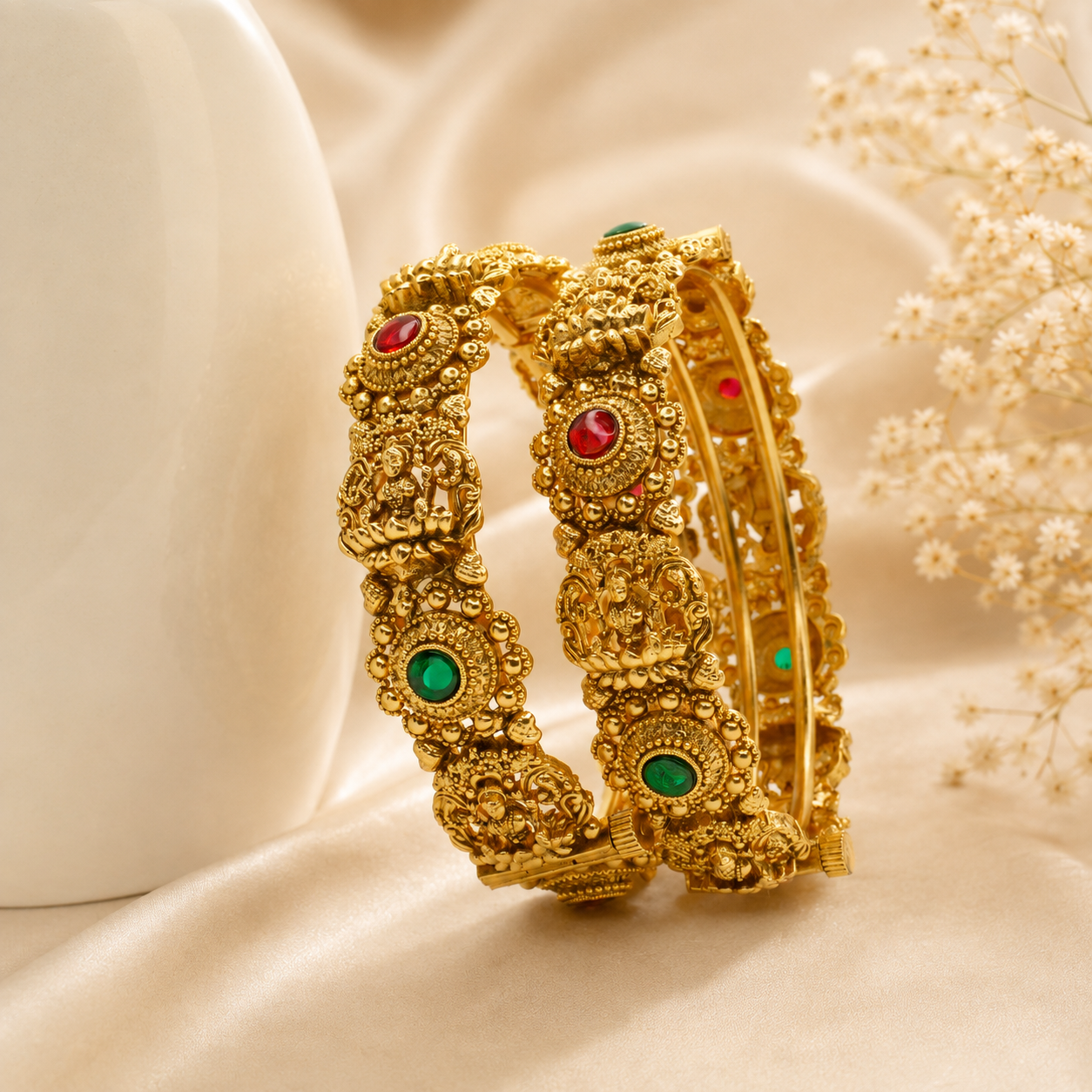 Handcrafted Indian Temple Lakshmi Gold Plated Bridal Bangles Pair with Ruby & Green Stone Ethnic Jewelry