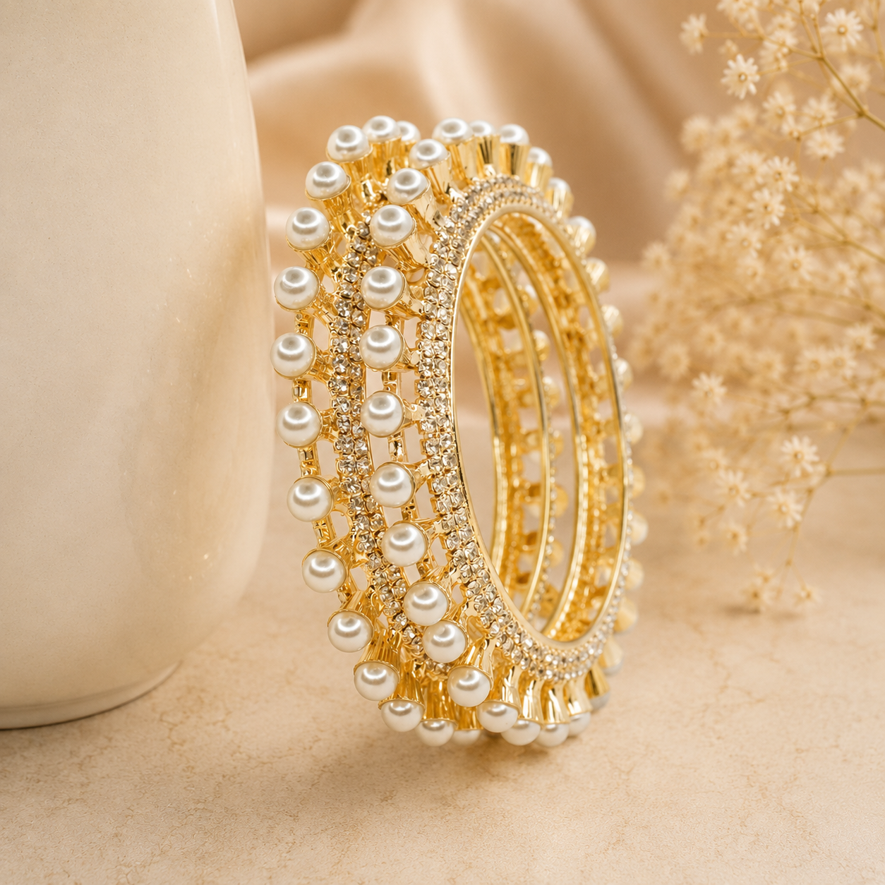 Traditional Bridal Gold Plated Pearl AD Kangan Pair for Women Indian Wedding Bangles