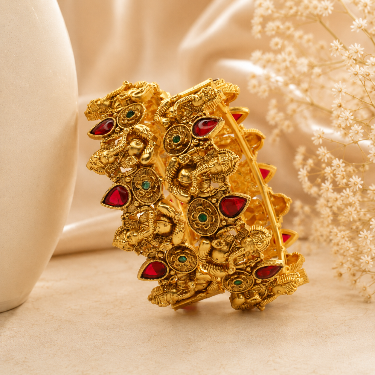 Latest Temple Ganesha Gold Plated Kangan Pair for Women Wedding Party Wear Traditional Bangles