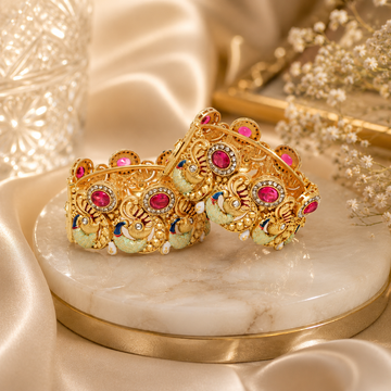 Premium Gold Plated Peacock Kangan Pair with Meenakari & CZ Stones for Women Bridal Wedding Ethnic Bangles