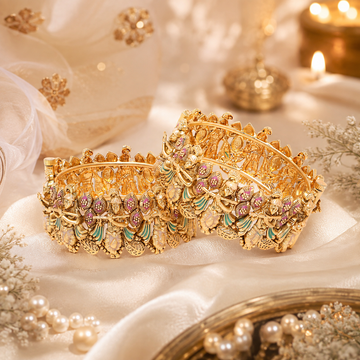 Gold Plated Lord Krishna Temple Bangles Pair for Women Traditional Meenakari Bridal Kangan