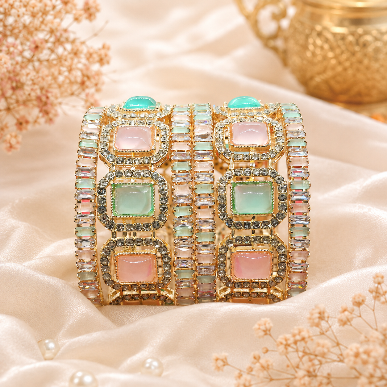 Traditional Bridal Gold Plated American Diamond Kangan Set for Wedding & Festive Wear