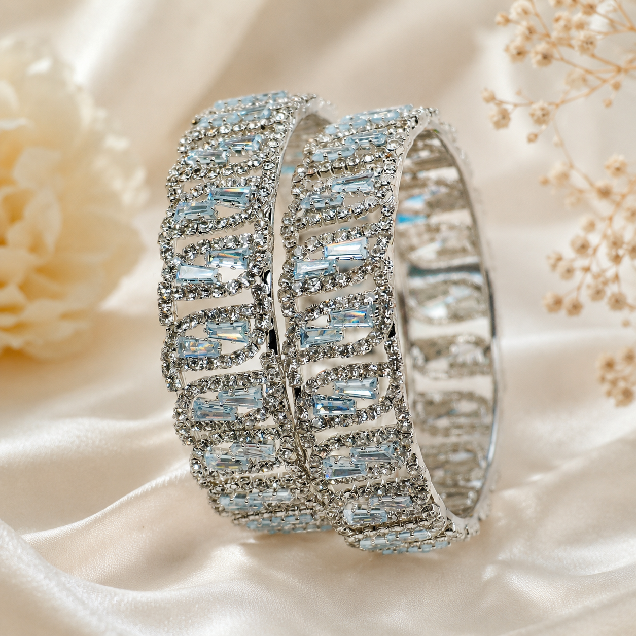 Designer Silver AD Bangle Pair for Women | Premium Baguette CZ Stone Kangan | Bridal Wedding Party Wear Bangles