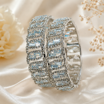 Designer Silver AD Bangle Pair for Women | Premium Baguette CZ Stone Kangan | Bridal Wedding Party Wear Bangles