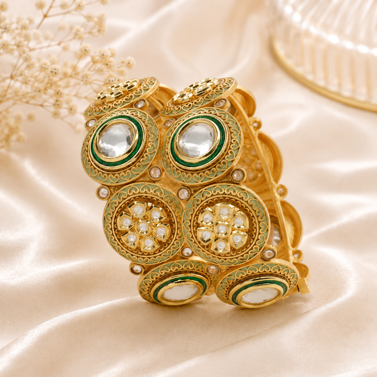 Handcrafted Indian Gold Plated Kundan Meenakari Bridal Bangles Pair Traditional Jewelry