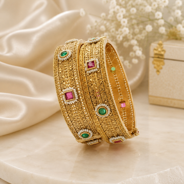 Traditional Indian Gold Tone Filigree Bangles Pair – Pearl & Multicolor Stone Ethnic Wedding Jewelry