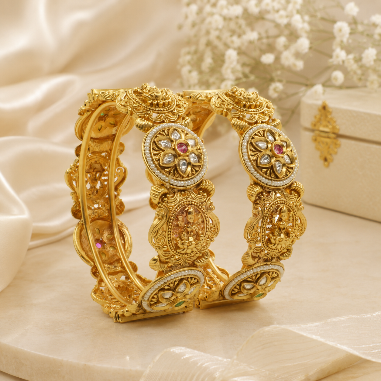 Gold Plated Temple Kundan Bangles for Women – Goddess Lakshmi Pearl Bridal Wedding Kangan