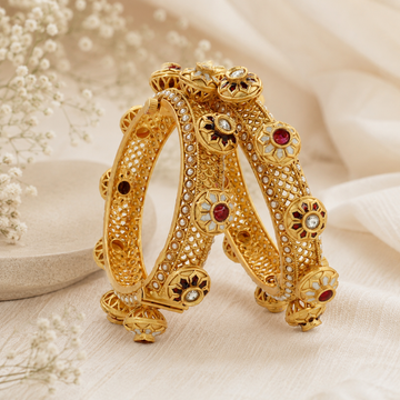 Designer Gold Plated Meenakari Bangles Pair for Women – Pearl Work Wedding Party Wear Kangan