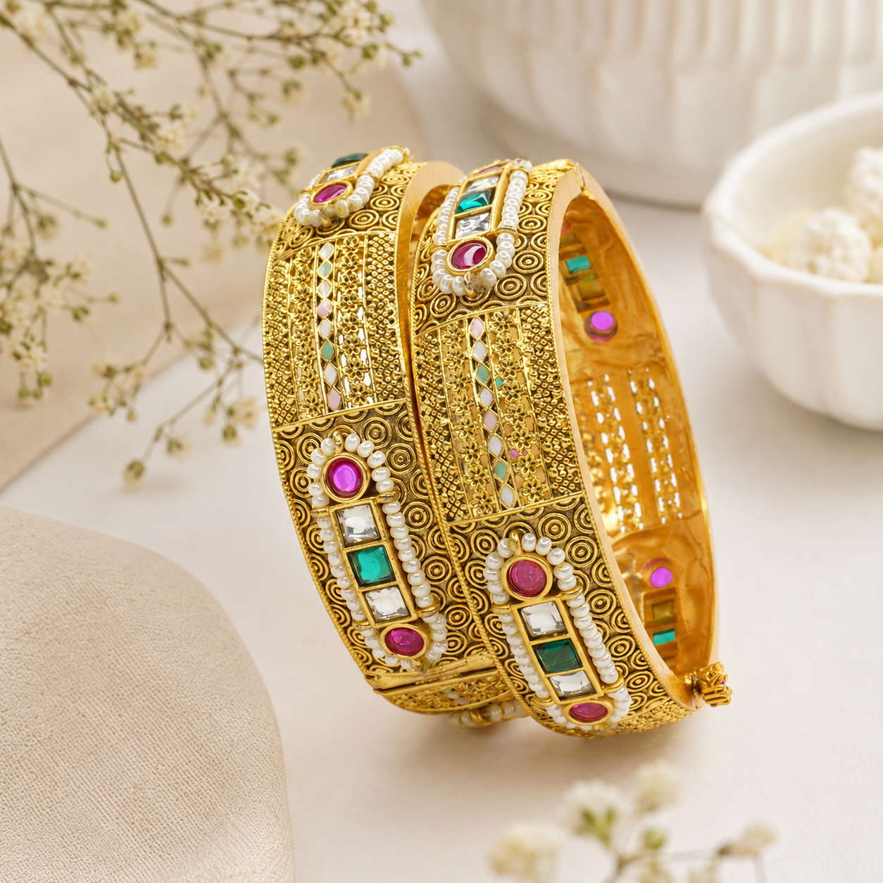 Luxury Gold Plated Kundan Pearl Bridal Bangles Pair – Traditional Indian Wedding Kangan for Women