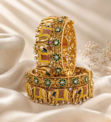 Traditional Gold Plated Elephant Kangan Bangles for Women - Designer Ethnic Wedding Jewelry Pair