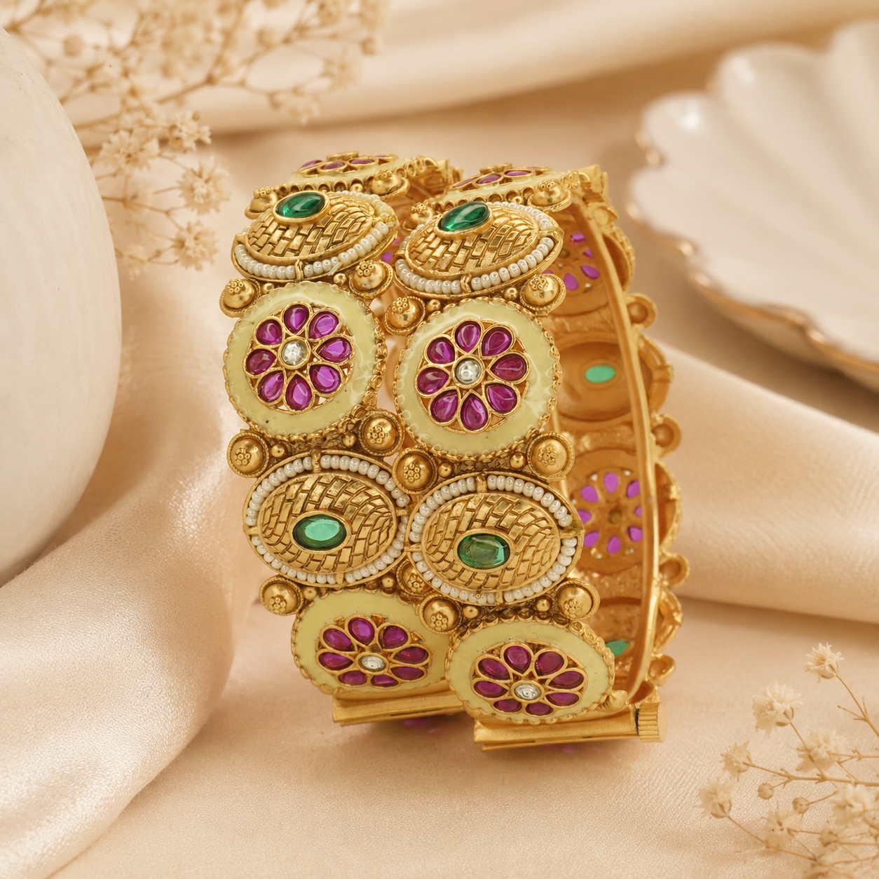Gold Plated Meenakari Kundan Bangles Pair for Women – Traditional Indian Bridal Wedding Kangan