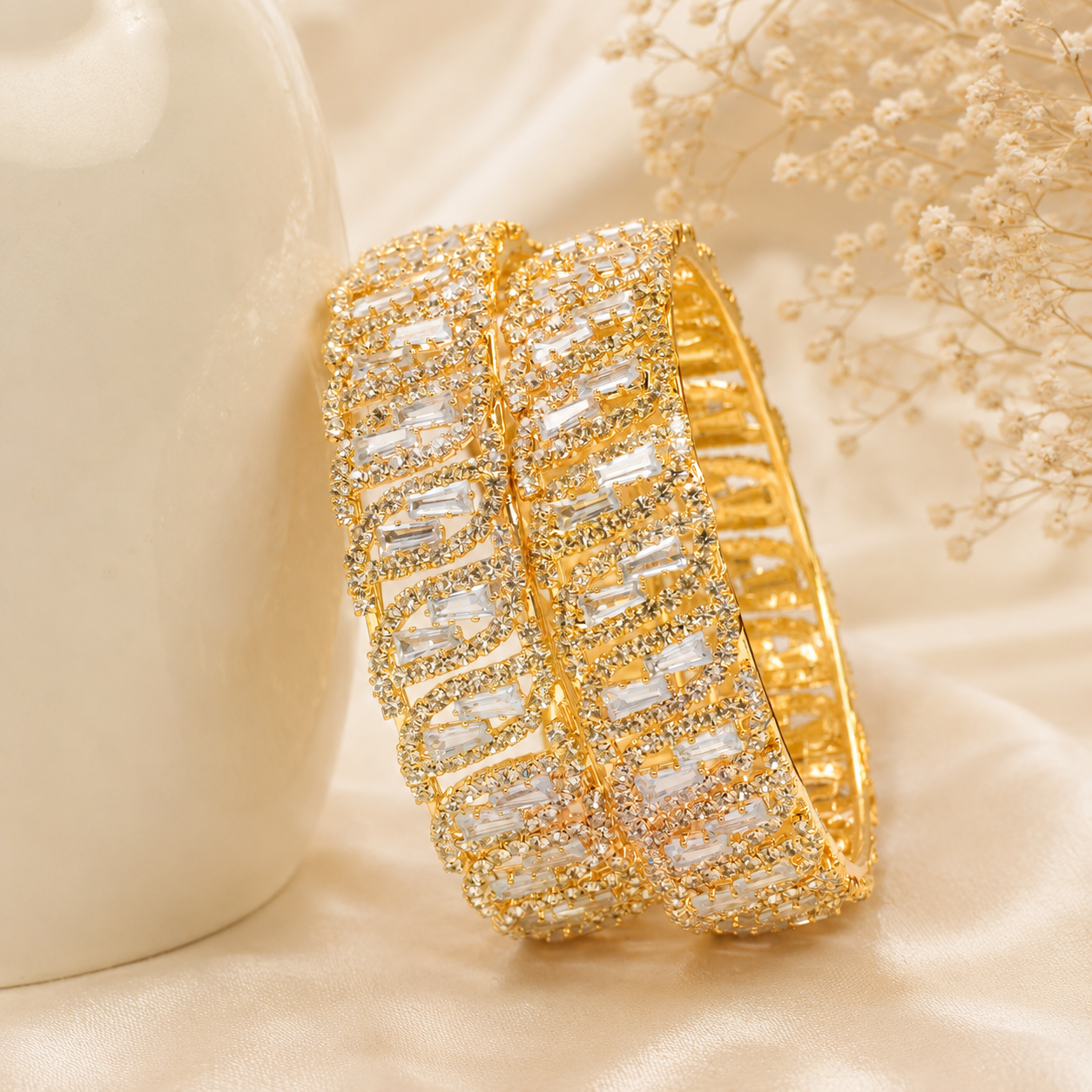 Designer Bridal Gold Plated American Diamond Kangan Bangles Pair for Wedding & Reception