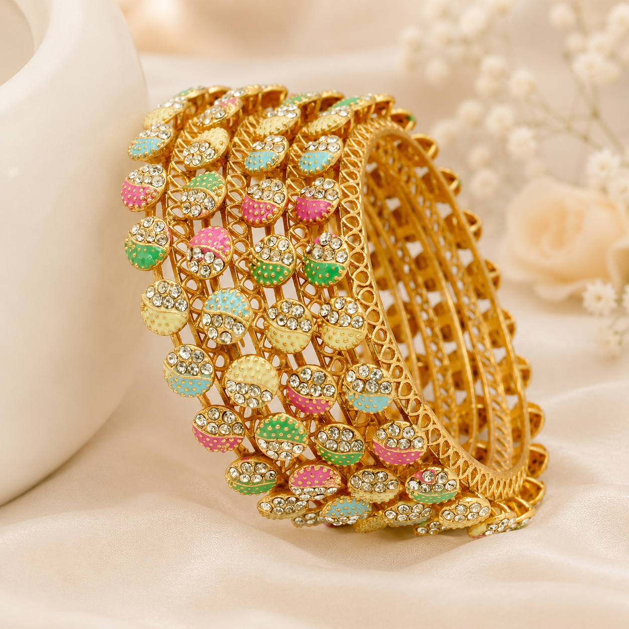 Latest Gold Plated Meenakari American Diamond Bangles Pair for Women Ethnic Bridal Wedding Party Wear