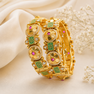 Indian Gold Plated Meenakari Floral Hinged Bangle Bracelet Pair | Traditional Bridal Jewelry Gift for Women