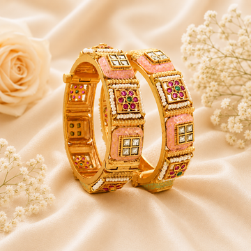Premium Gold Plated Pink Meenakari Kundan Pearl Kangan Bangles Pair for Women Wedding Ethnic Party Wear