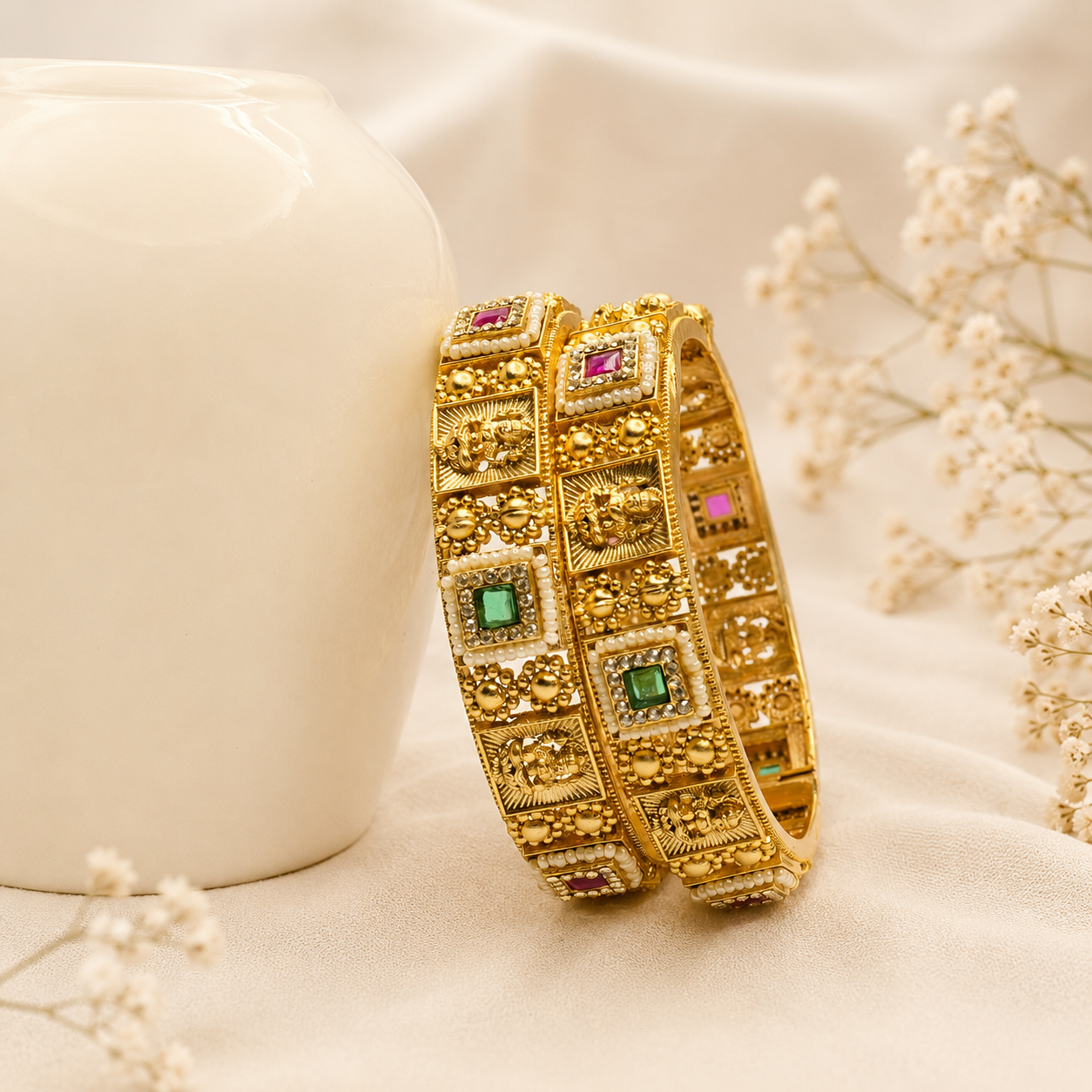 Latest Traditional Gold Plated Temple Kangan Bangles Pair Ruby Emerald AD Pearl Wedding Bangles for Women