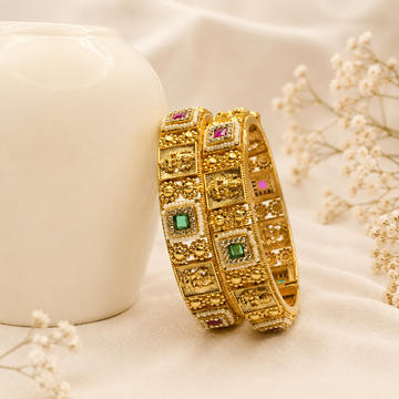 Latest Traditional Gold Plated Temple Kangan Bangles Pair Ruby Emerald AD Pearl Wedding Bangles for Women