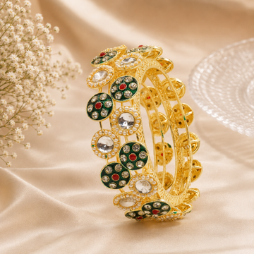Gold Plated Designer Kundan Mirror Bangles Pair for Women Pearl Meenakari Bridal Wedding Party Wear