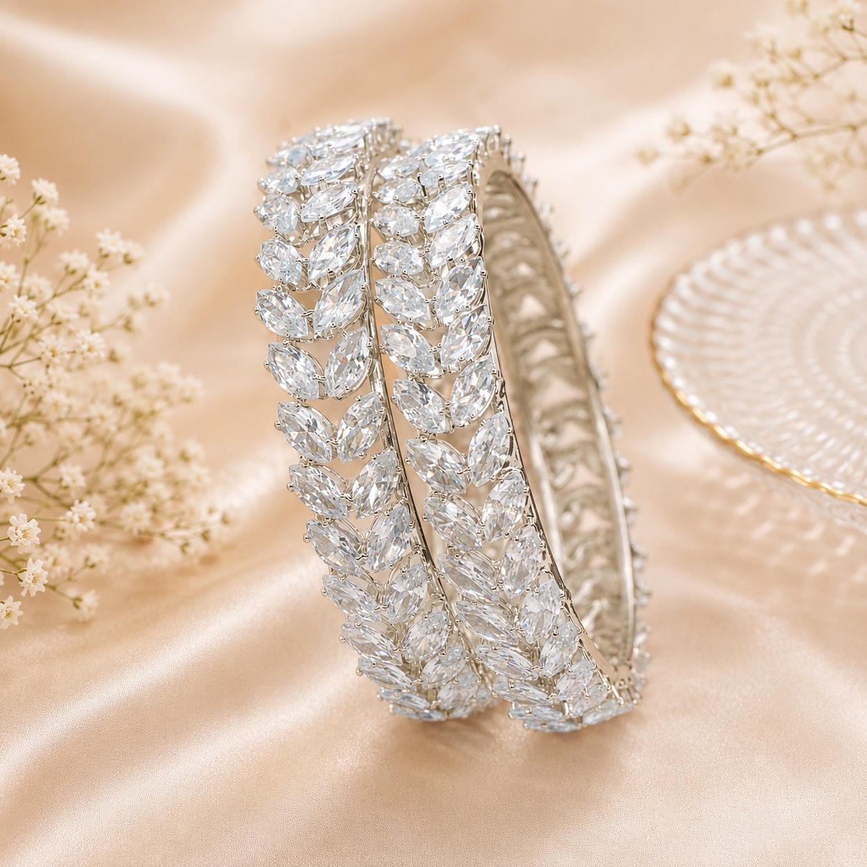 Latest Silver AD Bangles Pair for Women Stylish CZ Stone Party Wear Wedding Kangan