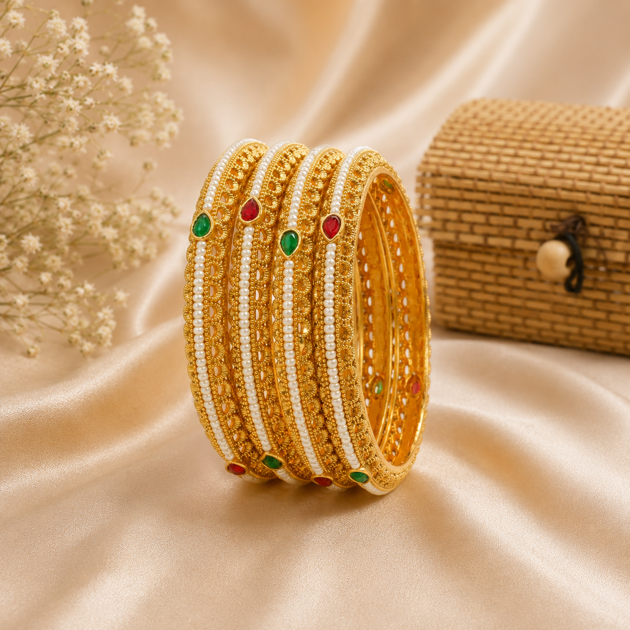 Premium Gold Plated Pearl Bangles Set for Women with Ruby Emerald Stones Traditional Wedding Jewelry