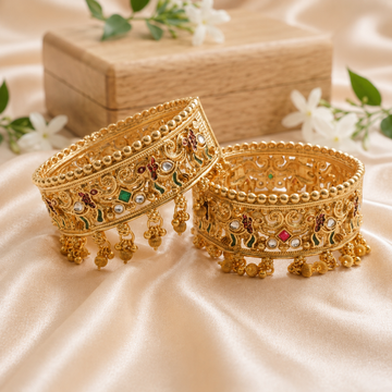 Designer Gold Plated Meenakari Kundan Jali Ghungroo Kangan Bangles Pair for Women Bridal Wedding Traditional Party Wear