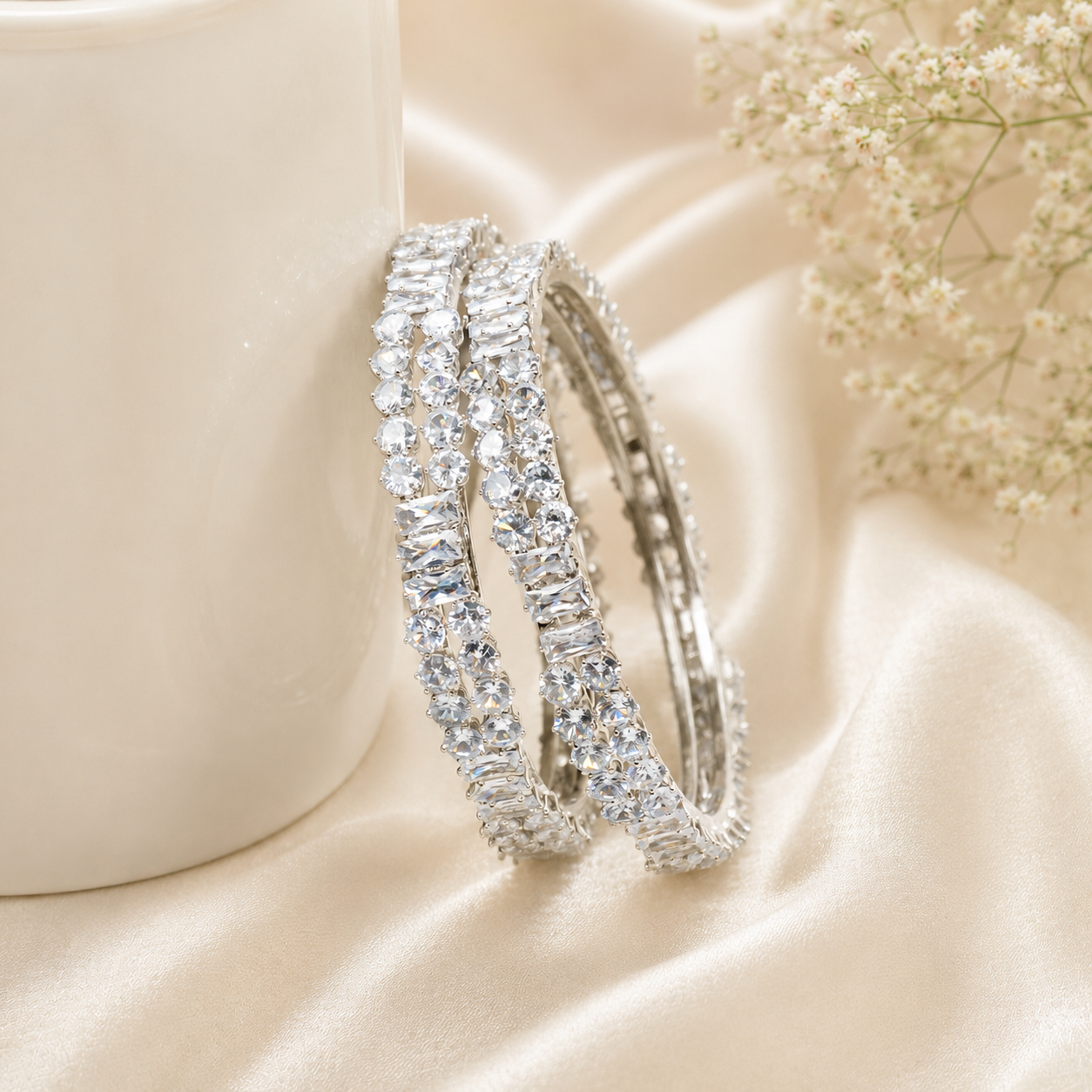 Premium Rhodium Plated American Diamond Bangles Pair for Women Wedding Bridal Party Wear Silver CZ Kangan