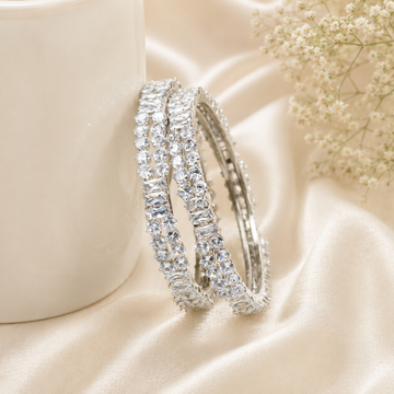 Premium Rhodium Plated American Diamond Bangles Pair for Women Wedding Bridal Party Wear Silver CZ Kangan