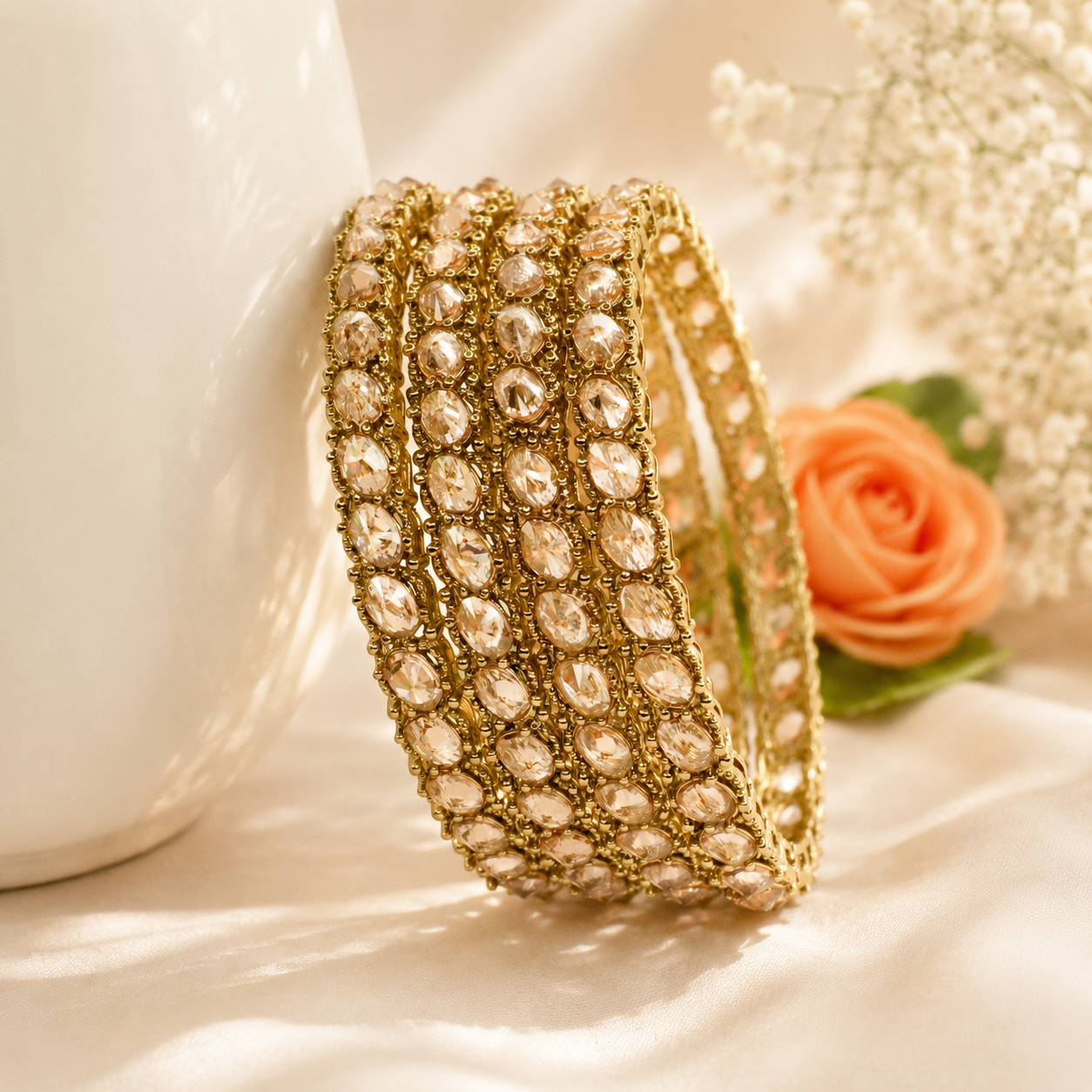 Designer Gold Plated American Diamond Stone Studded Bangles Set for Women Bridal Wedding Party Wear Ethnic Jewellery
