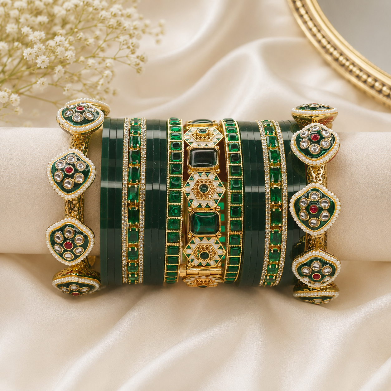 Premium Gold Plated Green Kundan Meenakari Bridal Bangle Set for Women Wedding Traditional Kangan