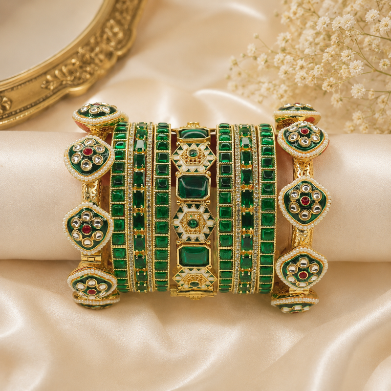 Bridal Chooda Set Gold Plated Kundan Green Chooda for Women Wedding Wear