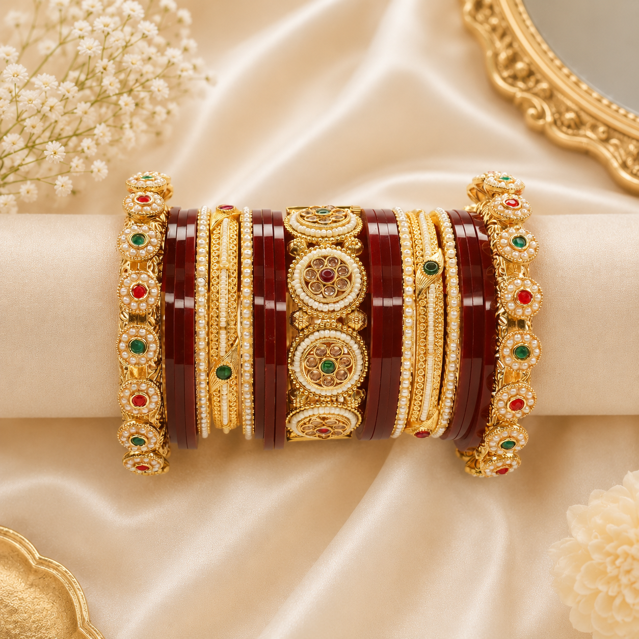 Gold Plated Pearl Kundan Bridal Kangan Bangles Pair for Women Traditional Wedding Jewelry