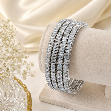 Premium Rhodium Plated CZ Baguette Tennis Bangles Set | Silver Bridal Jewelry for Women