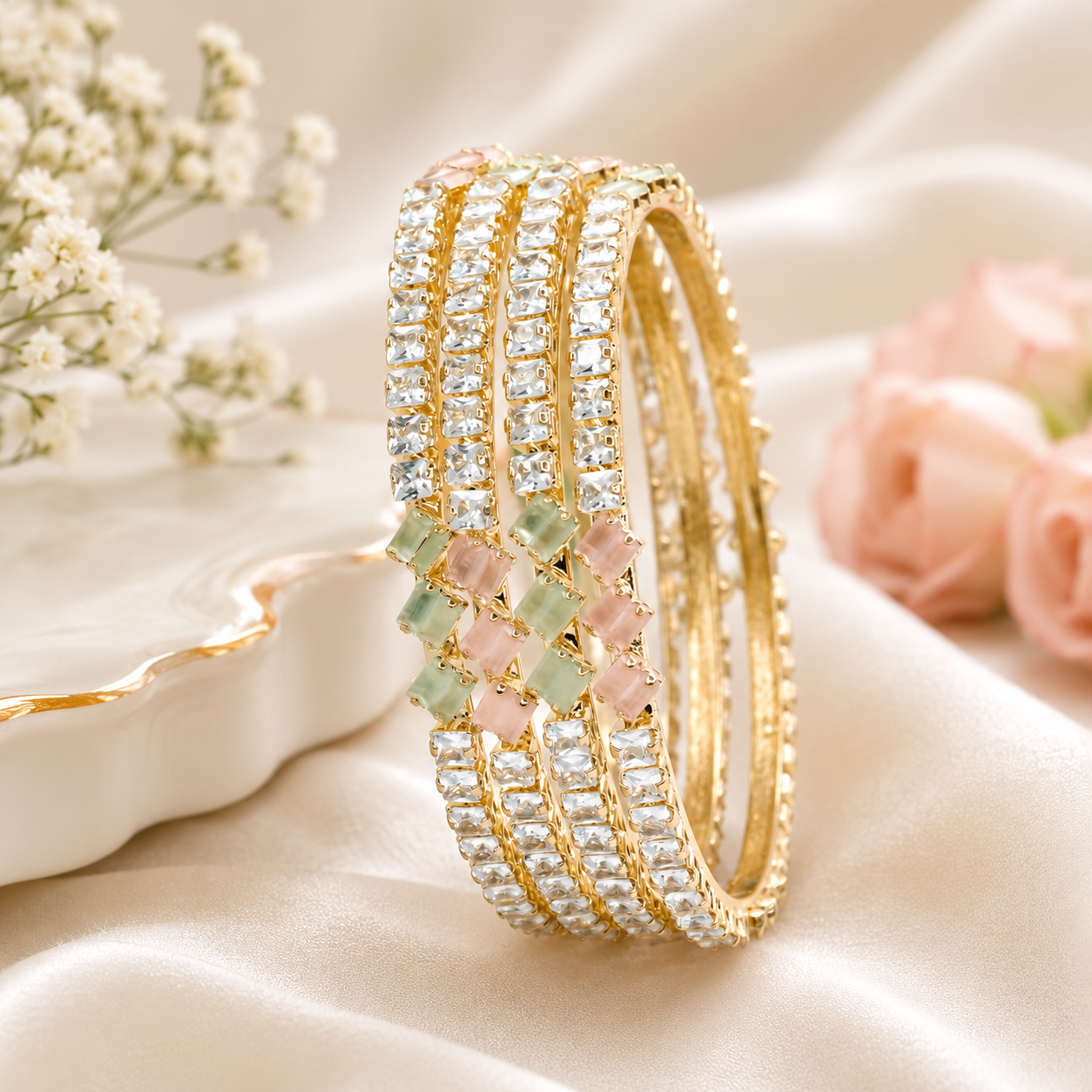 Premium Bridal Gold Plated American Diamond Baguette Kangan Bangles Pair for Wedding
