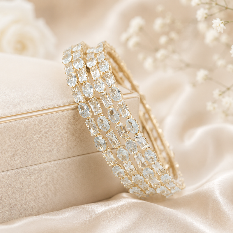 Bridal Gold Plated American Diamond Kangan Bangles Pair for Women Wedding Reception Ethnic Jewelry