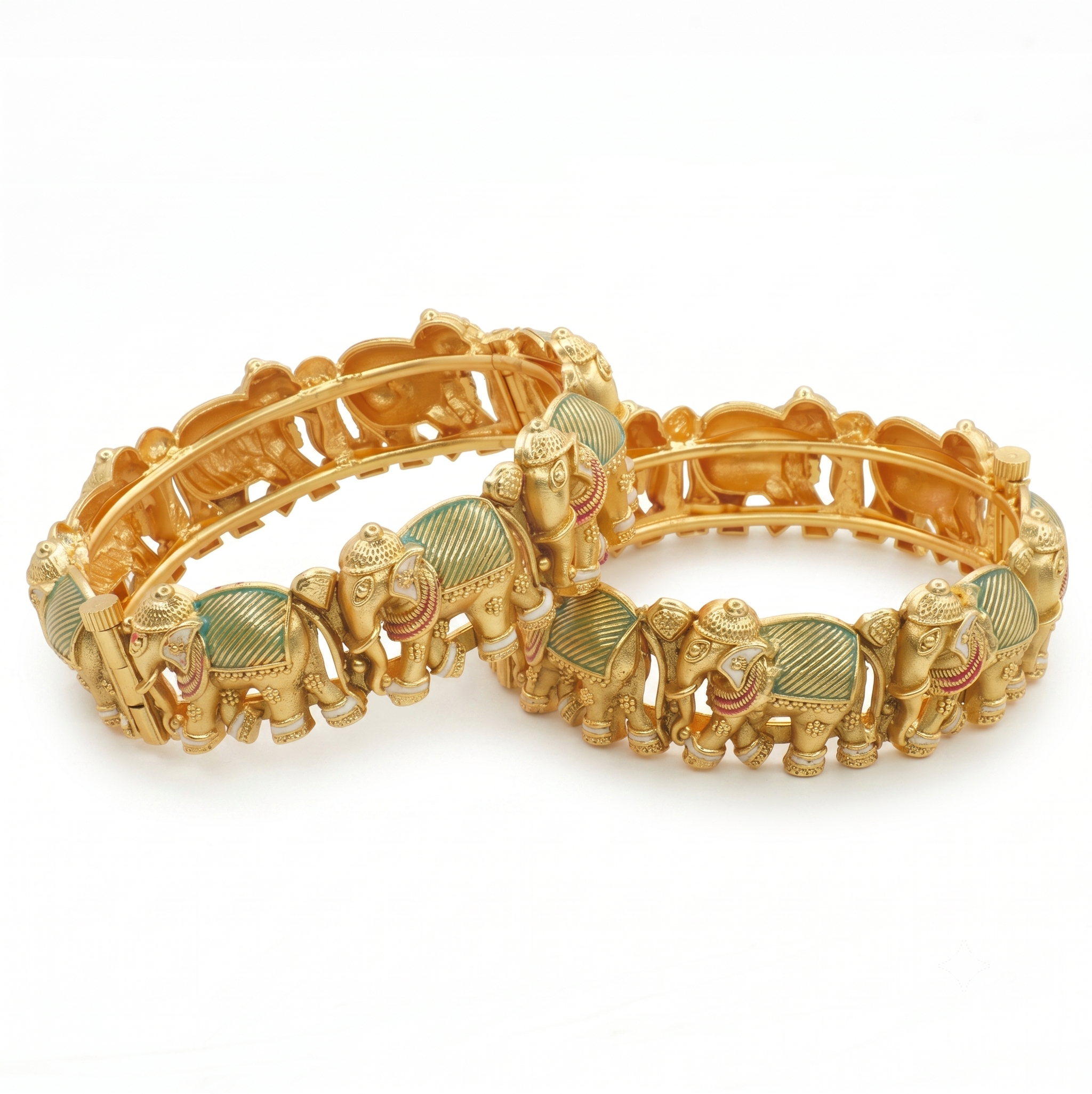Handcrafted Indian Elephant Gold Plated Meenakari Hinged Bangles Pair Ethnic Statement Jewelry for Women