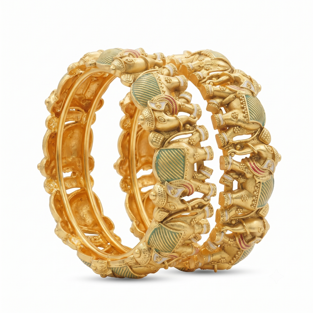 Handcrafted Indian Elephant Gold Plated Meenakari Hinged Bangles Pair Ethnic Statement Jewelry for Women