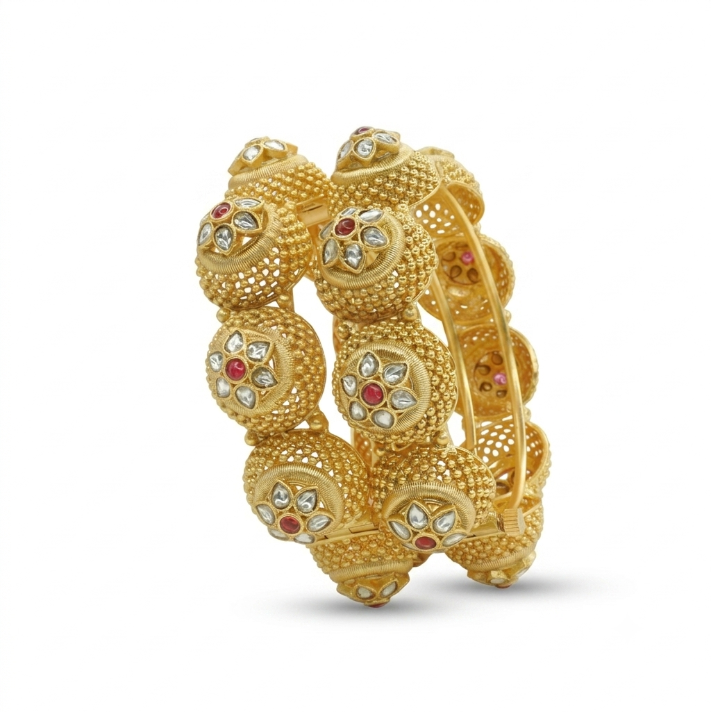 Designer Gold Plated Kundan Floral Openable Kangan Pair for Women Traditional Bridal Wedding Party Wear Bangles